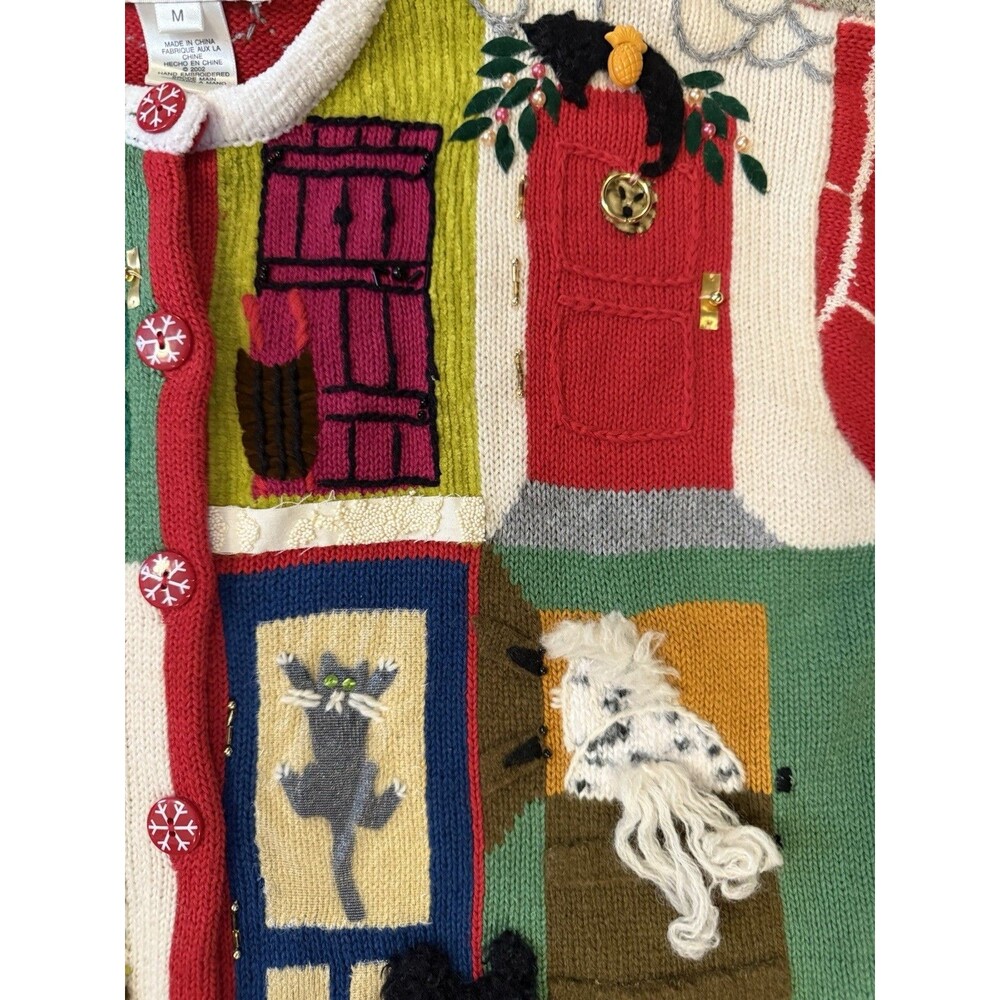 Vtg Susan Bristol Crazy Cat Lady Ugly Christmas Sweater Button Up Cardigan Sz M - Picture 9 of 10
